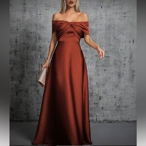 Elegant Burnt Orange Off-Shoulder Satin  Evening Gown